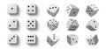 Rolling dice. White roll cubes for gamble games, top view dice sides and falling 3D angles lucky craps realistic vector