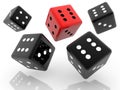 Rolling different black and red color dice on white