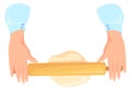 Rolling dough with wooden pin. Baking carton icon