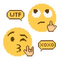 Rolling eyes and in love kiss emoji with WTF XOXO speech bubble pixel art style