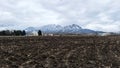 Snow-capped caucasian mountains rise behind plowed farmland under a cloudy sky in early spring Royalty Free Stock Photo