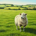 Rolling fields under a clear blue sky, featuring a lone sheep (Ovis aries) in the Royalty Free Stock Photo