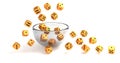 Rolling golden dice on clear glass bowl Royalty Free Stock Photo