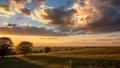 Rolling golden fields and green trees under a dramatic sky with sunbeams breaking through clouds at sunset Keywords Royalty Free Stock Photo