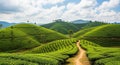 Rolling Green Tea Plantations Under a Cloudy Blue Sky With a Dirt Path Winding Through tea fields Royalty Free Stock Photo