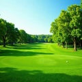 Rolling hills of emerald golf course, lined with mature trees, environment, majestic Royalty Free Stock Photo