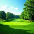 Rolling hills of emerald golf course, lined with mature trees, fairway, vibrant, peaceful Royalty Free Stock Photo