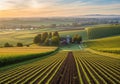 Rolling hills feature neatly aligned rows of crops, possibly corn Royalty Free Stock Photo