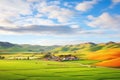 rolling hills with a patchwork of farm crops