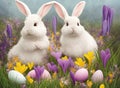 Rolling hills of a verdant meadow, two Easter bunnies frolic and play Royalty Free Stock Photo
