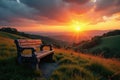 Rolling hills, weathered bench, vibrant sunset, bench, weathered Royalty Free Stock Photo