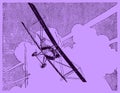Rolling historic biplane in front of a cloudy and sunny sky on a purple background Royalty Free Stock Photo