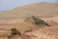 Rolling moorland in the north of Britain, large jagged rock and dry bracken