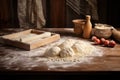 rolling out fresh dough on wooden table