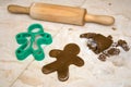 Rolling pin, cookie dough, and cutter Royalty Free Stock Photo