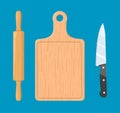 Rolling pin, cutting board and knife.