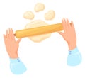 Rolling pin on dough. Cookie baking preparation cartoon icon