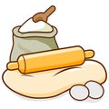 Bread baking ingredients. Rolling pin, dough and flour. Vector illustration