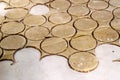 Rolling pin with dough on kitchen table. Preparing dough round t Royalty Free Stock Photo