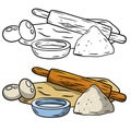 Rolling pin and dough. Wooden appliance for kitchen and cooking. Kneading dough