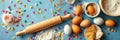 Cooking and baking essentials arranged on a blue surface with flour, eggs, and colorful sprinkles highlighting a vibrant Royalty Free Stock Photo