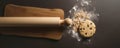 A rolling pin flattening a cookie doughlike bar.. AI generation