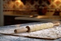 rolling pin flattening dough on floured surface