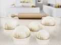 Rolling pin and fresh doughs standing on white table. 3D illustration Royalty Free Stock Photo