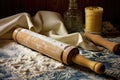 rolling pin and pasta dough with flour dusting Royalty Free Stock Photo