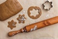 Rolling pin, star shaped metal baking dish, ginger dough on craft paper, process of making homemade cakes