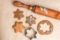 Rolling pin, star shaped metal baking dish, ginger dough on craft paper, process of making homemade cakes