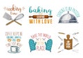 Rolling pin, wooden board, whisk and mittens for hot. Bakery and pastries, dirty kitchen utensils, cooking stuff. logo
