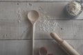 Rolling pin and wooden spoon for making dough on white wooden background. Isolated image. Image from above Royalty Free Stock Photo