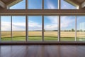 a rolling prairie landscape visible through floor-to-ceiling ribbon windows