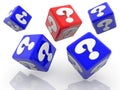 Rolling red and blue cubes with question marks concept on white Royalty Free Stock Photo