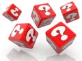 Rolling red cubes with question marks concept on white Royalty Free Stock Photo