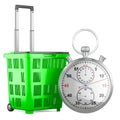 Rolling Shopping Basket with stopwatch, 3d rendering