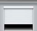 Rolling shutter door. Roller garage metal gate. Electric roll white window background shutter