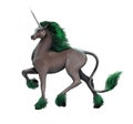 A walking unicorn with a green mane and tail.