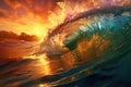 The rolling waves against golden sunset beach background. AI generated Royalty Free Stock Photo