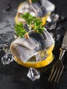 Rollmop herring on lemon slices and ice cubes Royalty Free Stock Photo