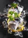 Rollmop herring on lemon slices and ice cubes Royalty Free Stock Photo