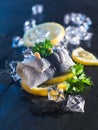 Rollmop herring on lemon slices and ice cubes Royalty Free Stock Photo