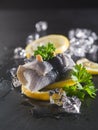 Rollmop herring on lemon slices and ice cubes Royalty Free Stock Photo