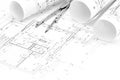 Architectural drawings with floor plan, blueprint rolls and drawing compass Royalty Free Stock Photo