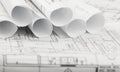 Rolls of architecture blueprints and house plans Royalty Free Stock Photo