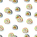 Rolls with avocado and red fish isolated on white background. Traditional asian kitchen. Seamless pattern for fabric design.