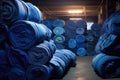 rolls of blue denim fabric stacked in warehouse