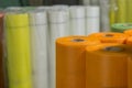 Rolls of colored fiberglass mesh, building materials for wall insulation Royalty Free Stock Photo
