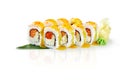 Rolls with cream cheese, salmon, apple topped with prawn and mango chili sauce